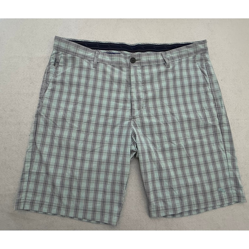 Tommy Bahama Mens 40 Plaid Shorts Green Grey Nylon Spandex Flat Front Marlin